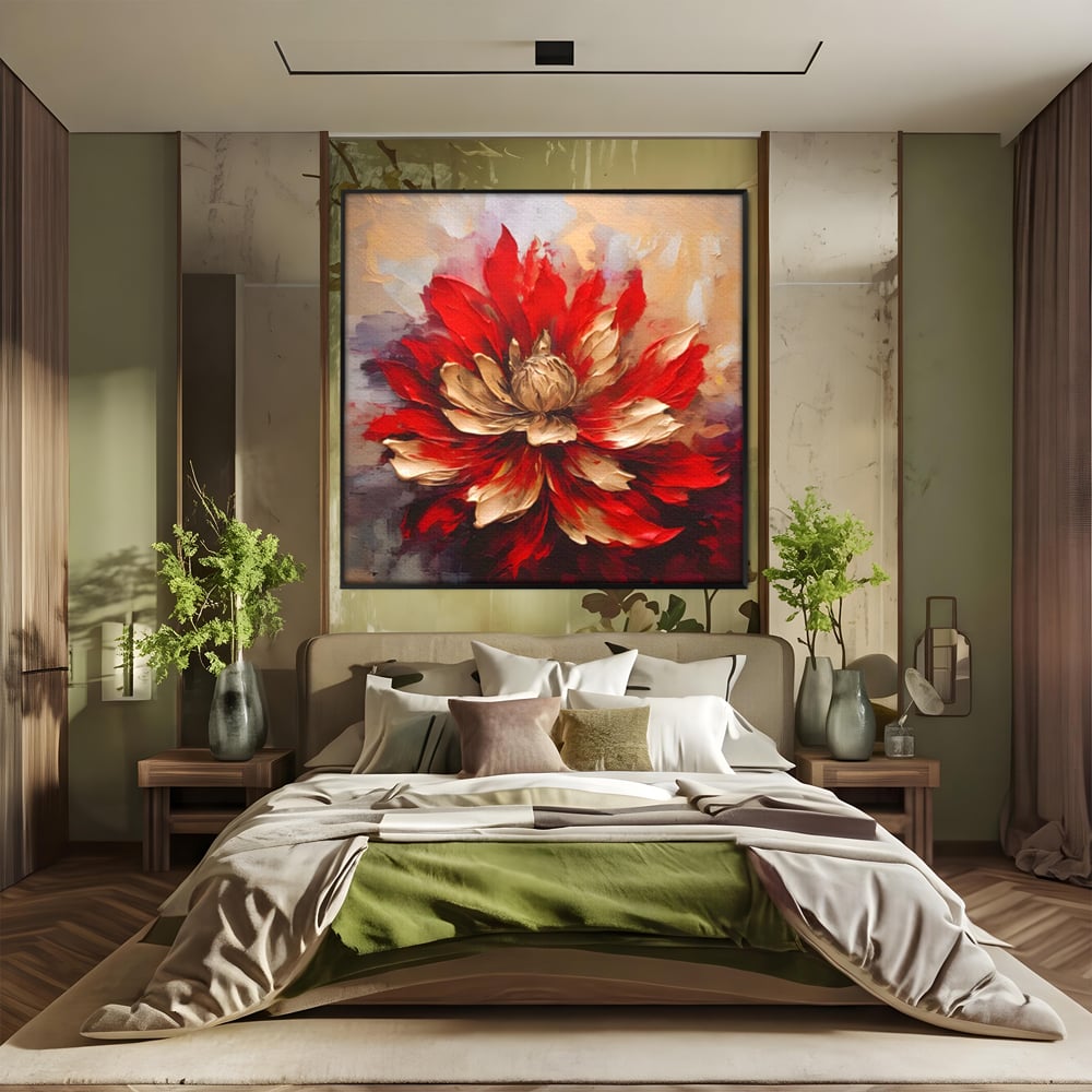 Tablou canvas cu pictura cu o floare rosie si aurie in relief, in rama de aluminiu negru, pe perete intr-un dormitor